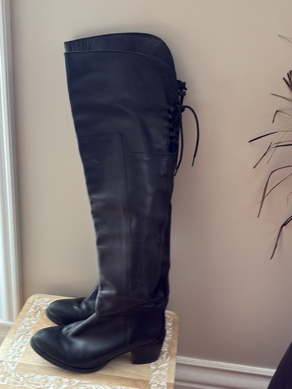 Madison Black Over-the-Knee Leather Boots with Back Lace-Up